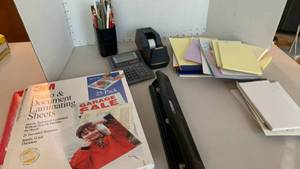 lot 1420 image: Laminating sheets, hole punch, pads, tape dispenser and pens and pencils