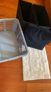 lot 1533 image: Canvas bins, laundry basket, cushion and small throw rug
