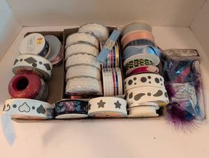 lot 1606 image: Mixed Craft Supply Lot with Ribbons, Lace Trim and Feathers