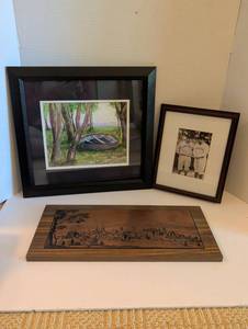 lot 1612 image: Framed Art Collection with a watercolor Baseball Photography and German Cityscape