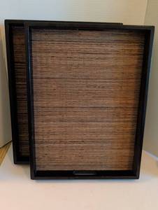 lot 1618 image: Woven Bamboo Serving Trays with Black Frame Set 18x25x3