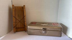 lot 3107 image: Tool box with contents and wooden miter box