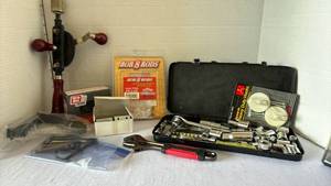 lot 3115 image: Egg beater hand drill, socket set, Allen wrenches and more