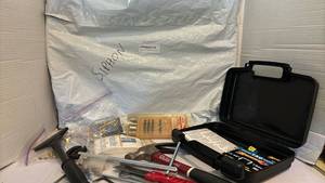 lot 3134 image: Siphon hose, plastic case with staples, but no stapler, hand tools and more.