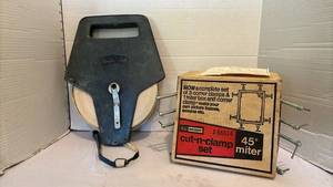 lot 3140 image: Sears Craftsman Corner Clamp Set and a very long tape measure