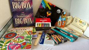 lot 3236 image: Art mixture - colored pencils,  acrylic paints, two boxes of Benda Brushes, coloring books and more