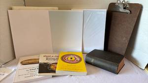 lot 3251 image: Horse whip, Clip board, paper, cook books and more