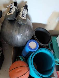 lot 3412 image: Mixed Fitness Equipment Lot Including Exercise Mats, Basketball, and Athletic Shoes