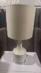 lot 52043 image: White Ceramic Table Lamp with Beige Fabric Shade - Retail $25
