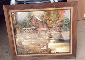 lot 52056 image: Framed Mill and Stream Landscape Print in Wood Frame - Retail $25