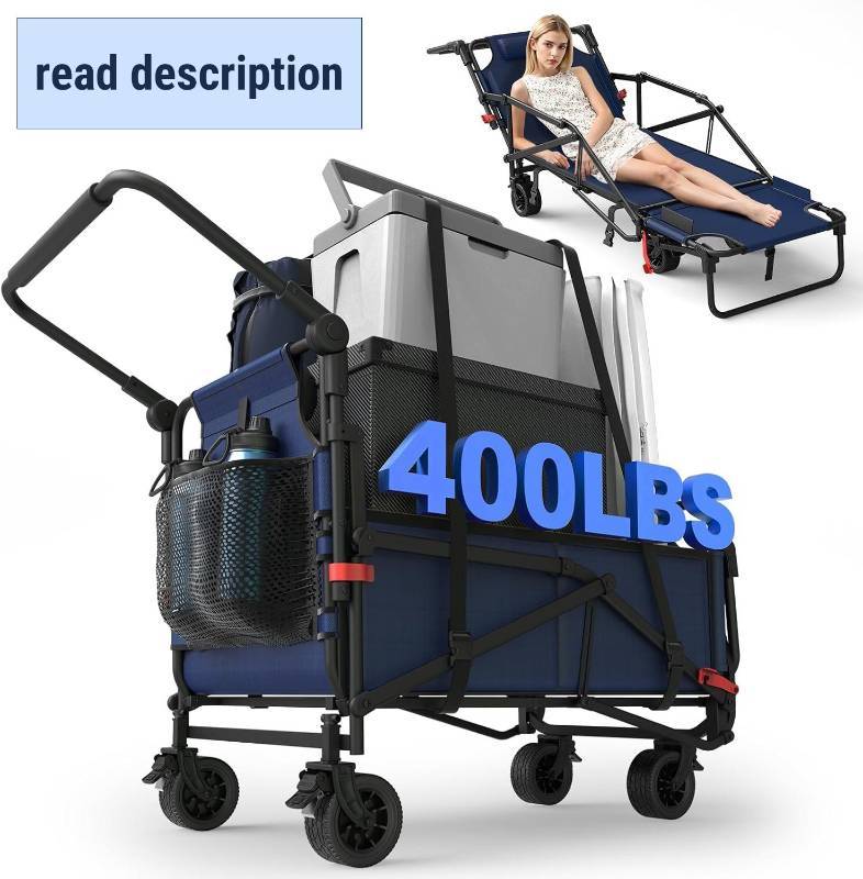 lot 131336 image: LEVELEVE Heavy Duty Folding Wagon - 2-in-1 Collapsible Cart, 400lb Capacity, All-Terrain Wheels wBrakes & Side Pockets (Blue)