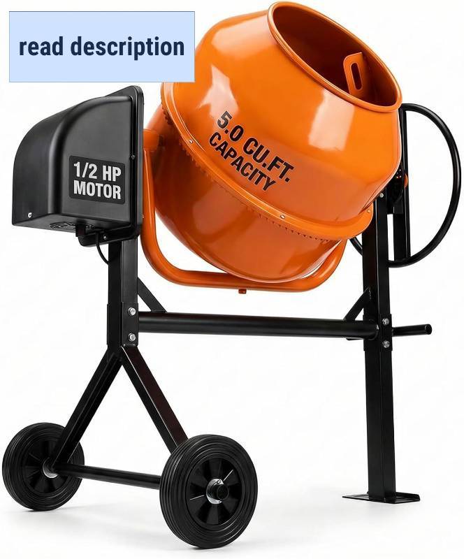 lot 231454 image: Retails for $272 TABU 5.0 Cu.Ft. Electric Cement Mixer, Portable Concrete Mixer, Mortar Mixing for SeedsStucco, Freestanding Cement Mixing Tools with Wheels for Stucco, Orange