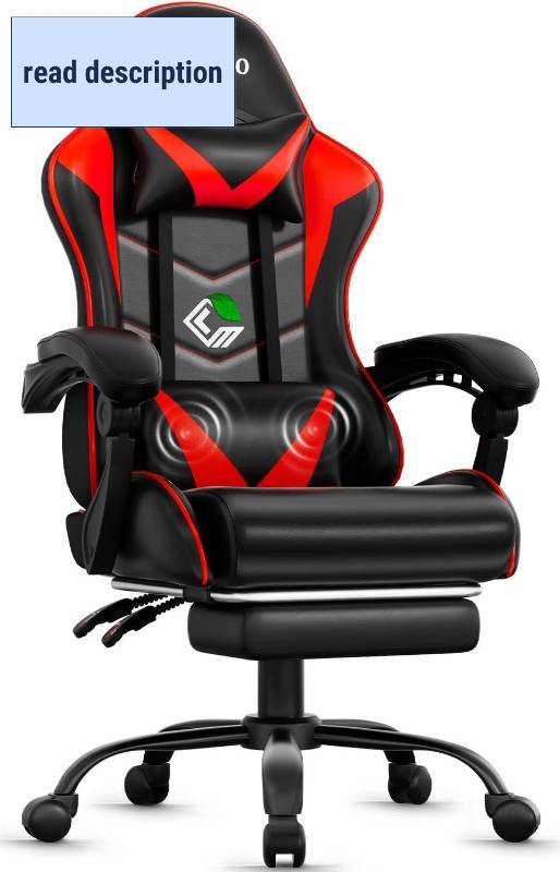 lot 142153 image: Czlolo Gaming Chair with Footrest Racing Style Lumbar Support Massager Video Game Chair with Metal Legs, High Back Reclining Gamer Chair with Headrest, 360  Swivel Office Computer Desk Chair (Red)