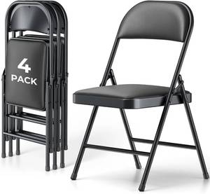 lot 131316 image: 4 Pack Folding Chairs, PU Leather Folding Dining Chairs with Padded Cushion Seat & Back, Indoor Outdoor Folding Chair Set for Home Office, Parties, Events, Wedding, Extra Guest Seating