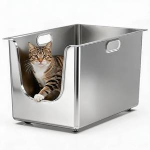 lot 101594 image: Retails for $126 Stainless Steel Litter Box 13.7 High Sides, XL Metal Cat Litter Box with Curved Low Entry, Cat Litter Pan for Big & Multiple Cats, Pet Toilet with Handy Wheels for Easy Moving