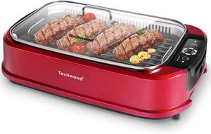 lot 101596 image: Retails for $102 Smokeless Indoor Grill, Techwood 1500W Electric Grill Portable Korean Grill Non-Stick Grill Plates with Temperature Control, Removable Drip Tray, Tempered Glass Lid, Dishwasher-Safe