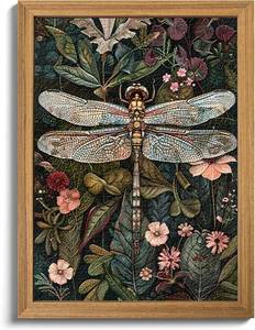 lot 101623 image: Framed Vintage 3D Textured Wall Art - Dark Green Dragonfly Flowers Wall Decor - Hand Drawn Sandstone Nature Botanical Pictures for Living Room Bedroom Home Decor 24x36in
