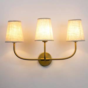 lot 101632 image: Retails for $150 Pathson 3 Lights Brass Wall Sconce Lamps with Linen Fabric Lampshade, Vintage Fabric Bathroom Wall Light Fixtures, E26 Bulb Base Wall Vanity Lighting Decor for Bedroom Living Room