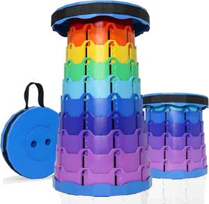 lot 201458 image: Upgraded Collapsible Stool 220LBS - Quick Open Portable Adjustable Height (2.5-18) Folding Seat for Summer Camping, Beach, Concert, Hiking, Travel (Rainbow Blue)