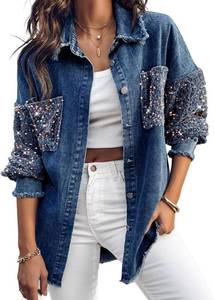 lot 201459 image: CHICME Womens Casual Denim Jacket for Women Contrast Sequin Long Sleeve Rhinestone Denim Jackets