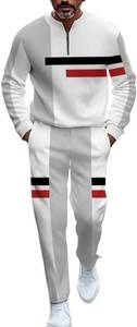 lot 201468 image: Mens 2-piece casual wear long sleeved shirt pants color blocked round neck sportswear jogging two-piece set