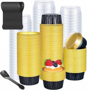 lot 201485 image: Hushee 300 Set Mini Aluminum Foil Baking Cups with Lids and Spoons 5oz Disposable Ramekins Dessert Muffin Creme Brulee Cupcake Liners Containers for Wedding Birthday Party(Round,Black Gold)
