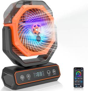 lot 201486 image: Rechargeable Rotating Misting Fan - Long Runtime Camping Fan w. 360mL Water Tank, RGB Color Changing Lights, USB Charger Output & Hanging Hook  Indoor Outdoor Cooling for Patio, Tent, Garden, Bedroom