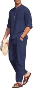 lot 201501 image: COOFANDY Mens 2 Pieces Cotton Linen Set Long Sleeve Henley Shirts Casual Beach Pants With Pockets Summer Yoga Outfits