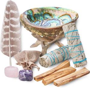 lot 301484 image: Home Cleansing & Smudging Kit with White Sage, Palo Santo, Abalone & Stand, Smudge Feather & Guide - Smudge Kit with Sage Smudge Sticks
