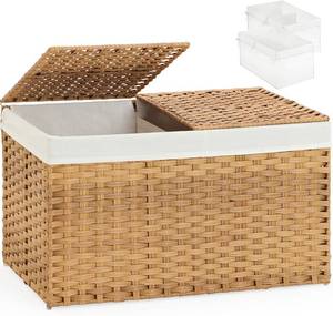 lot 401408 image: SETVSON Storage Basket with Lid Rattan Storage Basket with 2 Separate Lid, 27.8 Gallon (105 L) 25.2  15.4  16.1 Inches Woven Wicker Baskets with 2 Liners and Handles for Bedroom Laundry-Natural