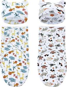lot 401415 image: Dizila 2 Sets Adjustable Soft Cotton Blend Newborn Infant Baby Girl Boy Receiving Swaddle Blankets Sleep Sacks with Matching Nursery Hats Caps Beanies Bonnet (Set 7)