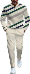 lot 401431 image: Mens street retro polo shirt jogging pants two-piece set, semi-circular collar zipper printed casual set
