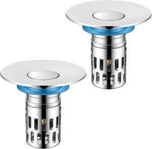lot 401441 image: Universal Bathroom Sink Stopper, Pop Up Sink Drain Strainer Plug with Removable Stainless Steel Filter Basket Hair Catcher,Brass Body,Bathroom Bathtub Drain Stopper(2 PCS),Bright Silver