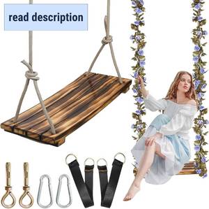 lot 101613 image: 2026 Upgraded Large Wooden Swing Seat, 24x 8, Hanging Tree Swing, 500lbs Load, Adjustable Nylon Rope & Tree Straps, IndoorOutdoor Swings with Purple Floral Garland