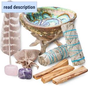 lot 201489 image: Home Cleansing & Smudging Kit with White Sage, Palo Santo, Abalone & Stand, Smudge Feather & Guide - Smudge Kit with Sage Smudge Sticks
