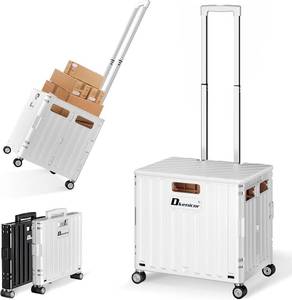 lot 111658 image: Folding Utility Cart, Portable Rolling Crate Handcart Collapsible Shopping Trolley with Lid, Foldable Tool Box Basket with 4 Rotate Wheels for Grocery, Office, Luggage, School - White