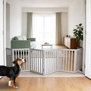 lot 111668 image: ZJSF Freestanding Indoor Dog Gate for House Foldable Wood Puppy Gate for Doorways Pet Gate for Stairs Extra Wide Pet Fence, Grey, 24 Height 6 Panels