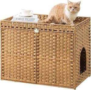lot 211503 image: SETVSON Cat Litter Box Enclosure Furniture, Handwoven Rattan Hidden Litter Box with Mat, Large Space Cat House with 2 S-Shaped Hooks 30.3 x 18.3 x 24.4 Inches, Indoor for Living Room Apartment Natural