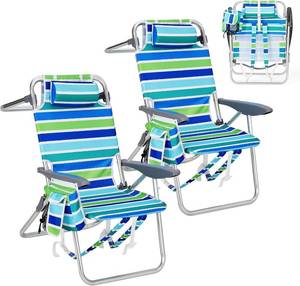 lot 101580 image: Retails for $120 GarveeLife High Backpack Beach Chair for Adults 2 Pack, Lightweight Portable Lay Flat Folding Beach Chair with 5 Positions, Backpack Straps, Phone Pocket, Cup Holder, Cooler Pouch & Towel Bar
