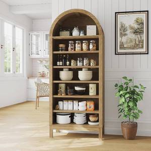 lot 101582 image: Retails for $203 Garvee 71 in Tall Arched Shoe Cabinet, 7-Tier Wooden Shoe Rack with Adjustable Shelves, Freestanding Display Shelf Storage Organizer for Entryway Hallway Living Room, Natural