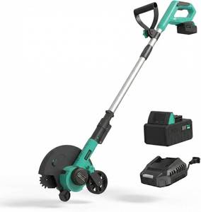 lot 111642 image: Retails for $109 Brushless 20V Cordless Lawn Edger, 9 Electric Edger Lawn Tool with 4.0Ah Battery & Charger, 3 Depth Settings, Adjustable Handle, Dual Wheels Yard Edger for Lawn & Sidewalk