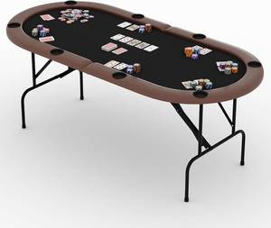 lot 201427 image: Retails for $170 Garvee 71 Foldable Poker Table for 8 Players, Texas Holdem Casino Table with Padded Rails & Cup Holders, Portable Folding Game Table for Blackjack, Dominoes, Home Game Nights (Brown)