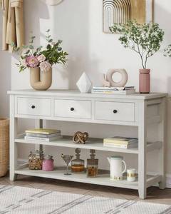 lot 201442 image: Retails for $160 Karl home Console Table Entryway Desk, Sofa Side Table with 3 Drawers 2 Bottom Storage Shelves, Vintage TV Stand for Hallway Living Room Office, Antique White 29.9 H