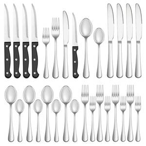lot 22810 image: 36 Pcs Silverware Set with Steak Knives Service for 6,Stainless Steel Flatware Set,Mirror Polished Cutlery Utensil Sets,Home Kitchen Eating Tableware Sets,Include Fork Knife Spoon,Dishwasher Safe - Retail $19