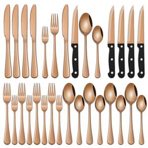 lot 22819 image: Rose Gold 24 PCS Flatware Sets With Steak Knives Service For 4 Person,Copper Eating Untensils Set For Kitchen,Silverware Set Includes Knife Spoon And Fork Set - Retail $20