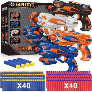 lot 22830 image: POKONBOY 4 Pack Blaster Guns Compatible with Nerf Guns Bullets, Toy Guns for Boys Girls with 80 Pack Foam Refill Darts, Hand Gun Toys for 6 Year Old Kids Birthday Christmas - Retail $27