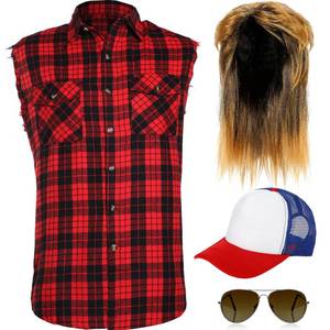 lot 22831 image: SATINIOR 80s I Love Titties and Beer Costume for Men Blonde Mullet Wig Men Flannel Plaid Sleeveless Plus Size Vest Metal Frame Blonde Sunglasses Hat(Red,Large Shirt) - Retail $37