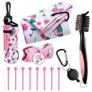 lot 22996 image: Liliful 13 Pcs Pink Golf Accessories Kit with Cute Pattern, Include Golf Ball Bag with Hook Towel Tees Magnetic Ball Marker Divot Tool Cleaner Brush for Women Girls Gifts - Retail $23