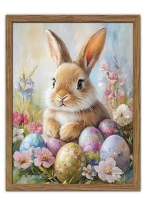 lot 30365 image: Easter Bunny Wall Art Poster, Cute Bunny with Eggs Picture Prints, Vintage Cottage Holiday Theme Canvas Artwork, Modern Farmhouse Wall Decor for Kids Room Bedroom Living Room 12x16in Unframed - Retail $8