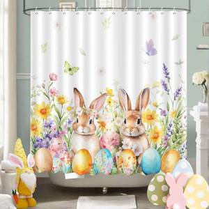 lot 30370 image: MEHOFOND Easter Bunny Shower Curtain Colourful Spring Flower Shower Curtain for Bathroom Easter Rabbits Eggs Bathroom Decor Happy Easter Bathtub Decor Fabric Waterproof Bath Curtain 72x72 Inch - Retail $10